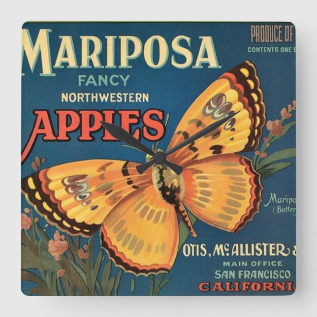 Mariposa Apples Crate Label Quadratische Wanduhr (Vorderseite)