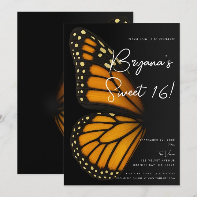 Mariposa Monarch Butterfly Sweet 16 Einladung (Vorne/Hinten)
