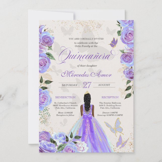 Mariposa Quinceanera, Lila Schmetterlinge Einladung (Vorderseite)