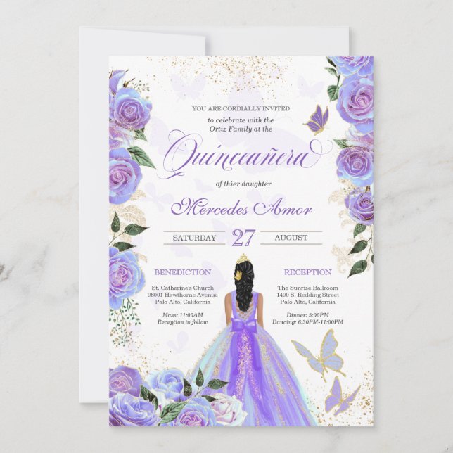 Mariposa Quinceanera, Lila Schmetterlinge Einladung (Vorderseite)