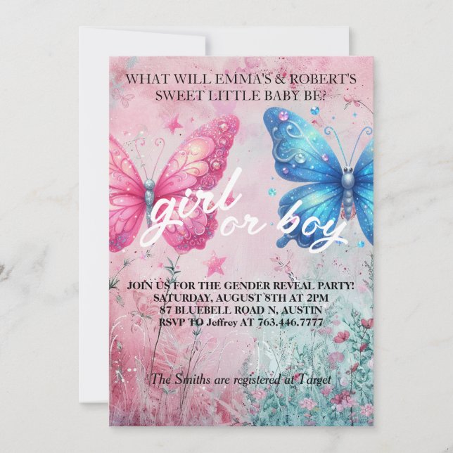 Mariposa Sommer Gender Reveal Party Einladung (Vorderseite)