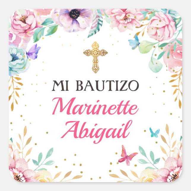 Mariposas Chicas del bautismo y flosas rosas Quadratischer Aufkleber (Vorderseite)