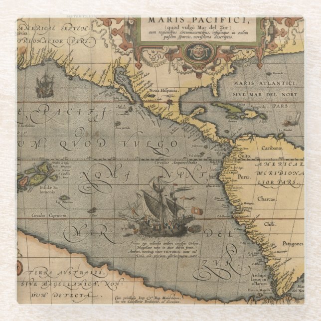 Maris Pacifici Antique Americas Karte Glasuntersetzer (Vorderseite)