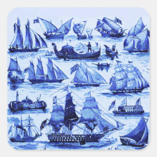 MARITIM, ALTE SCHIFFE, SEGELSCHIFFE, Marineblau Quadratischer Aufkleber