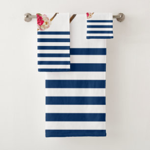 Maritim, Anker Blumen Navy Blau Weiße Streifen Badhandtuch Set