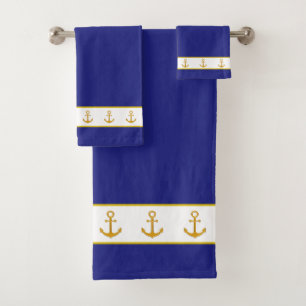Maritim, Elegant, goldene Anker auf Weiß und Blau Badhandtuch Set