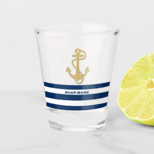 Maritim, Goldener Anker  Marineblau Weiße Streifen Schnapsglas