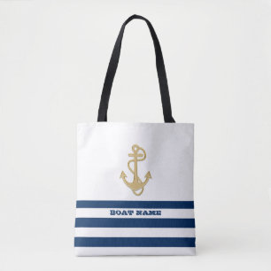 Maritim, Goldener Anker  Marineblau Weiße Streifen Tasche