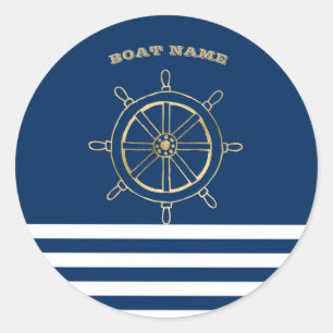 Maritim, Goldenes Bootssteuer, Navyblaue Streifen Runder Aufkleber