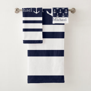 Maritime Küstenmarine Blau Weiße Streifen Name Badhandtuch Set