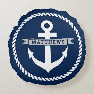 Maritime marineblaue Anker- und Seilfamilienname Rundes Kissen