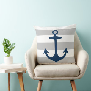 Maritime Navy-Anker Grau-Weiß-Streifen Kissen