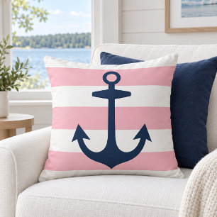 Maritime Navy-Anker Rosa Weiße Streifen Kissen