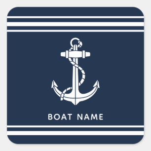 Maritime Navy Blau Anker und Bootsname individuell Quadratischer Aufkleber