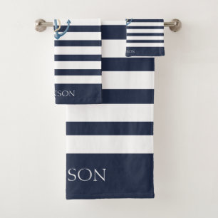 Maritime Navy Blau Weiß Gestreifter Anker Badhandtuch Set