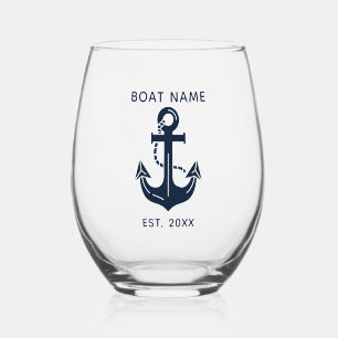Maritime Navy Blaues Bootsname Anker Weinglas Ohne Stiel