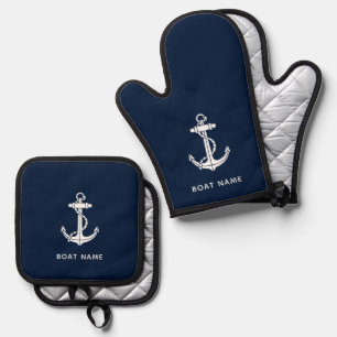 Maritime Navy Blaues Bootsname Benutzerdefinierte Ofenhandschuh & Topflappen-Set