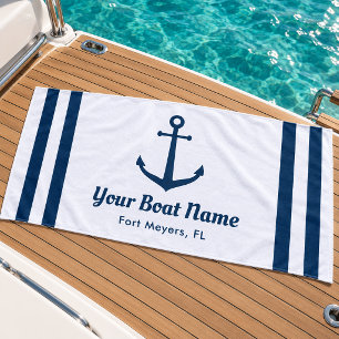 Maritime Navy Weißer Anker Bootname Strandtuch