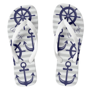Maritime Navyblau Anker Boot Steuer Rad Grau Strei Flip Flops
