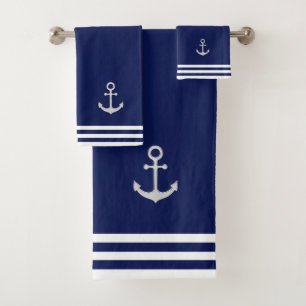 Maritime Silberanker und Streifen auf Marineblau Badhandtuch Set