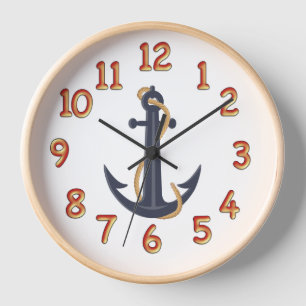 Maritimeblaue Anker-Wanduhr mit Naturholzrahmen Uhr