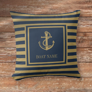 Maritimer Schiffsname Navy Blau und Gold gestreift Kissen