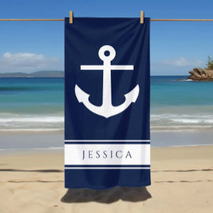 Maritimes Anker Benutzerdefinierter Name Navy Blau Strandtuch