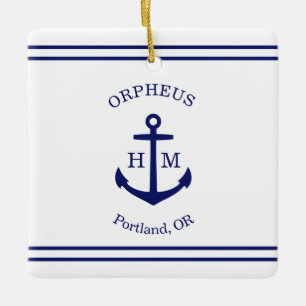 Maritimes Anker individuell (weiß & blau) Keramikornament