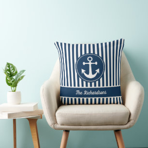 Maritimes Anker mit Seil auf navyblauen Streifen Kissen