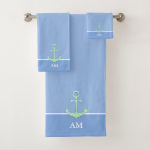 Maritimes Anker & Monogramm auf Hellblau Badhandtuch Set