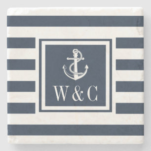Maritimes Anker-Monogramm in Marineblau-Streifen Steinuntersetzer