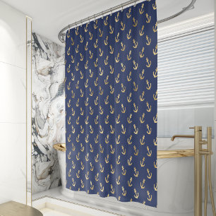 Maritimes Anker-Muster Navyblau Gold Duschvorhang