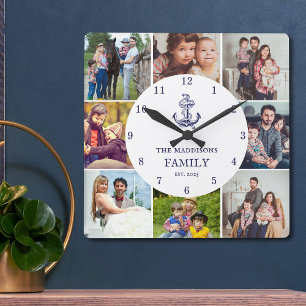 Maritimes Anker Navy Blau Familie 8 Fotocollage Quadratische Wanduhr