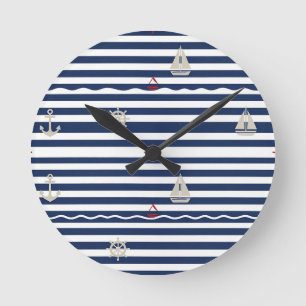 Maritimes Anker-Segelboot-Streifenmuster Runde Wanduhr
