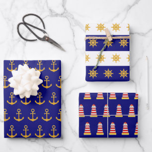Maritimes Anker- und Steuerradmuster auf Marinebla Geschenkpapier Set