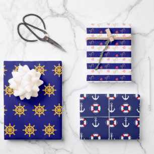 Maritimes Anker- und Steuerradmuster auf Marinebla Geschenkpapier Set