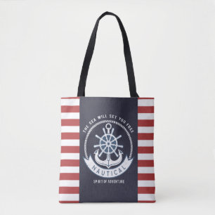 Maritimes Ankersymbol, Steuerrad, Marineblau, rote Tasche
