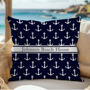 Maritimes Blau-Weiß-Anker-Muster Name Kissen