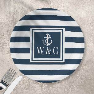 Maritimes Bootsanker-Monogramm in Marineblau-Strei Pappteller