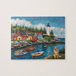 Maritimes Dorf Leuchtturm & Golden Retriever
