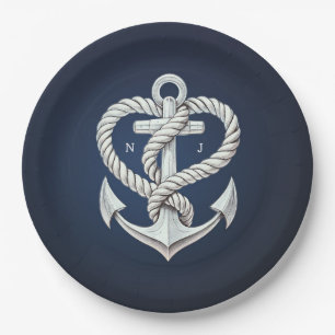 Maritimes Herz Seil Anker Küste Navy Hochzeit Pappteller