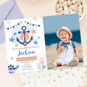 Maritimes Marine-Anker-Jungen-1.-Geburtstagsfoto Einladung