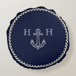 Maritimes Marineblaues Anker Küstenmonogramm Rundes Kissen