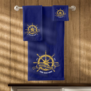 Maritimes Schiffssteuerrad Willkommen an Bord Navy Badhandtuch Set