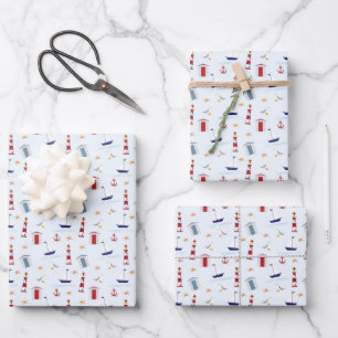 Maritimes Segelboot Anker Seemöwe Leuchtturm Ozean Geschenkpapier Set
