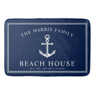 Maritimes Strandhaus Willkommen Navy und Weiß Badematte