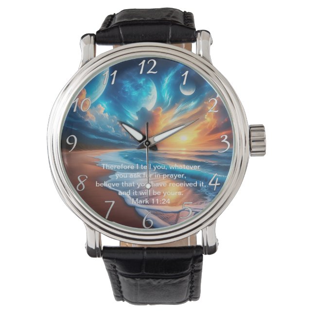 Mark 11:24 Cross Sunset Ocean Calm Armbanduhr (Vorderseite)