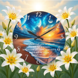 Mark 11:24 Cross Sunset Ocean Calm Große Wanduhr