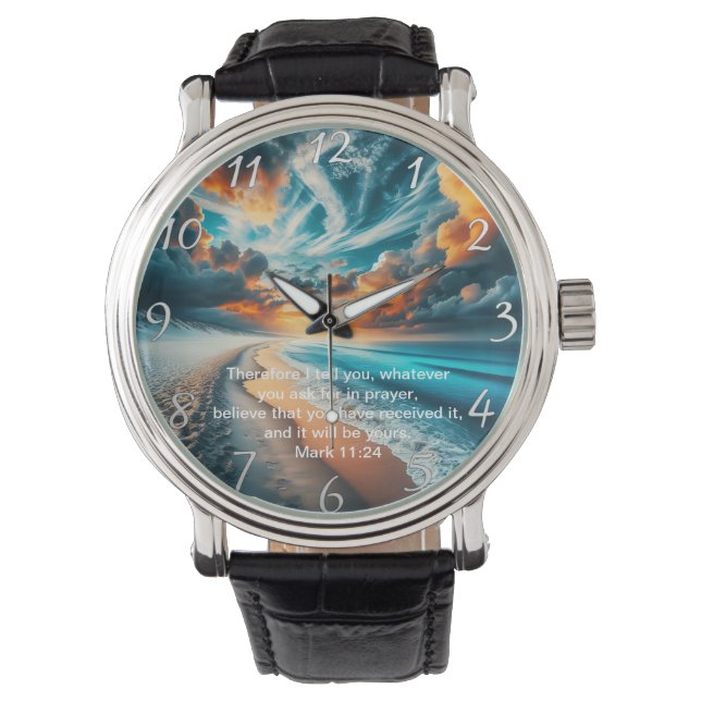 Mark 11:24 Cross Sunset Ocean Faith Armbanduhr (Vorderseite)