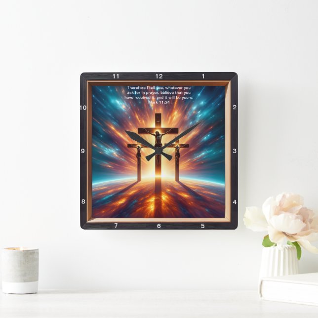Mark 11:24 Komfort: Personalisierter Zuhause-Segen Quadratische Wanduhr (Zuhause)
